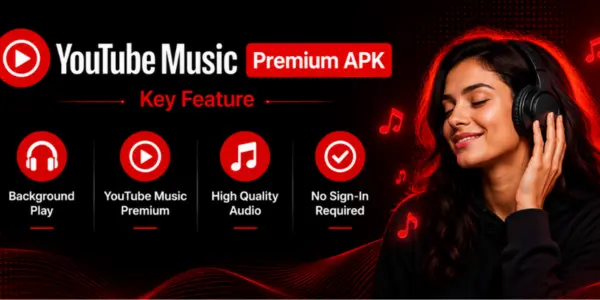 Key Features of YouTube Music Premium APK interface with modern red and black design showing premium music streaming features
