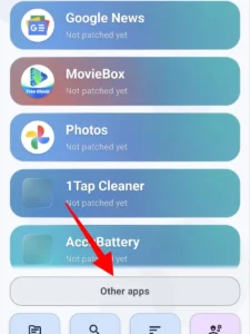 A smartphone app interface showing a list of apps including Google News, MovieBox, and Photos. A prominent red arrow points to a large, prominent "Other apps" button near the bottom of the screen.