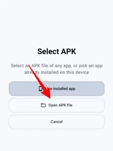 Select APK screen with a red arrow pointing to the "Open APK file" option.
