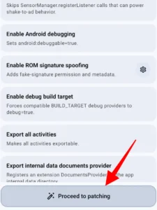 Patching options screen with a red arrow pointing to the "Proceed to patching" button.